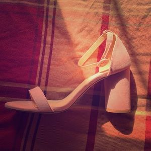 Pink suede heels with high ankle strap